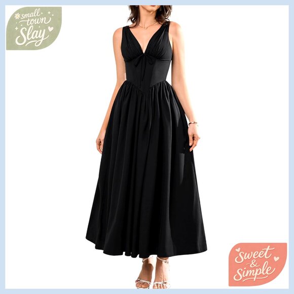 Midi Dress with Pockets V-Neck A-Line Casual Summer Wedding Guest
